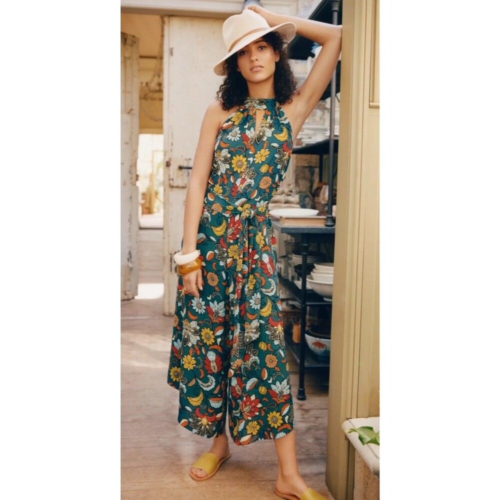 Anthropologie Geneva Halter Wide Leg Jumpsuit Floral Boho Tie Waist Women’s S